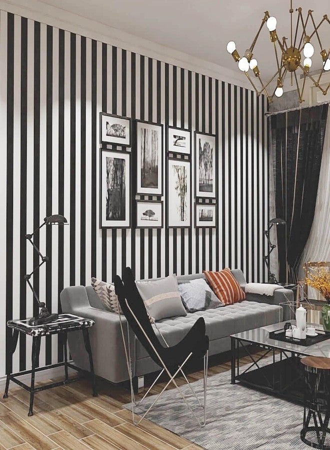 Qianglive 17.3”x120” Black and White Striped Wallpaper Peel and Stick Wallpaper Self-Adhesive Removable Waterproof Wallpaper for Walls Modern Removable Wallpaper Vinyl Film - Image 1