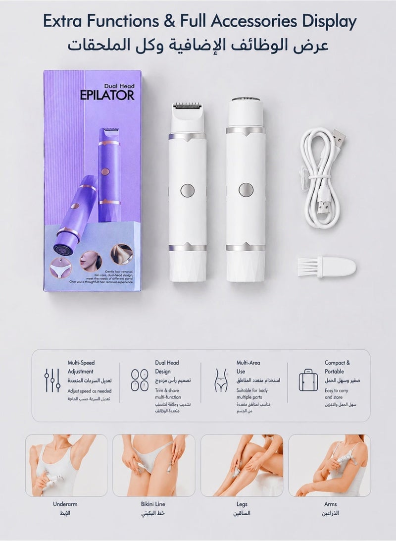 2 In 1 Dual Head Electric Hair Remover for Women, USB-C Rechargeable Portable Lady Shaver, Washable Stainless Steel Blade Facial Bikini Trimmer, Cordless Travel Epilator for Lip, Chin, Underarm, Leg & Full Body Smooth Shaving - Image 3