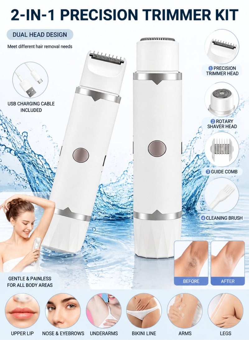 2 In 1 Dual Head Electric Hair Remover for Women, USB-C Rechargeable Portable Lady Shaver, Washable Stainless Steel Blade Facial Bikini Trimmer, Cordless Travel Epilator for Lip, Chin, Underarm, Leg & Full Body Smooth Shaving - Image 1