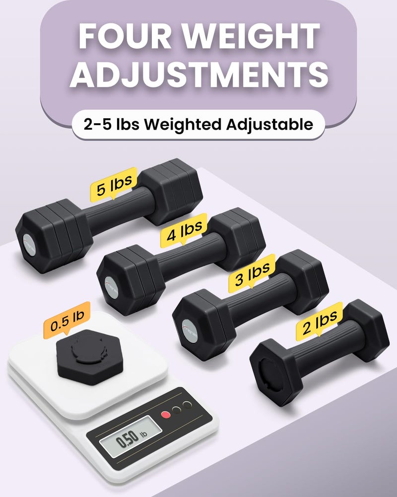 Fragraim Adjustable Dumbbells Set, 4 in 1 Hand Weights Set for Women Men 10 LB Dumbbell Pair Each 2lbs 3lbs 4lbs 5lbs Weights Dumbbells Set with TPU Soft Rubber Handle for Home Gym Exercise Fitness - Black - Image 2