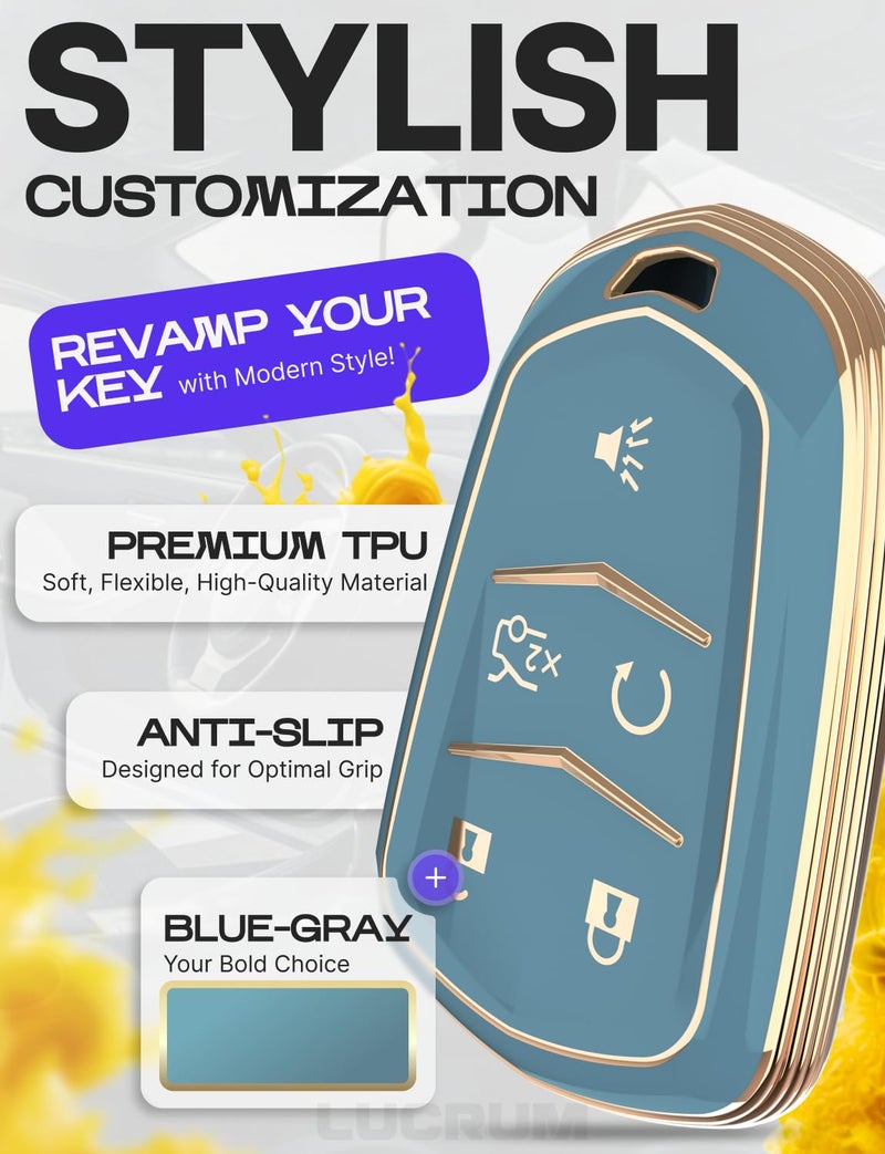 Lucrum Compatible with Cadillac Escalade Key Fob Cover & Leather Keychain, Keyfob Case for ATS CTS DTS SRX STS XTS CT6 XT4 XT5 XT6 - (2015-2023) - Blue and Gold - Image 3