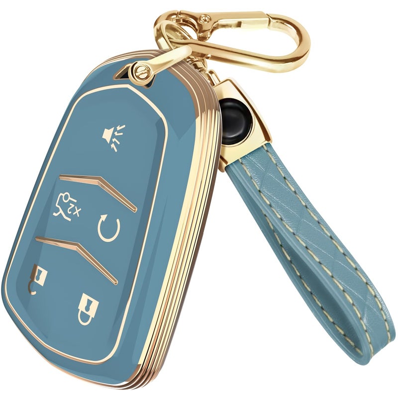 Lucrum Compatible with Cadillac Escalade Key Fob Cover & Leather Keychain, Keyfob Case for ATS CTS DTS SRX STS XTS CT6 XT4 XT5 XT6 - (2015-2023) - Blue and Gold - Image 1