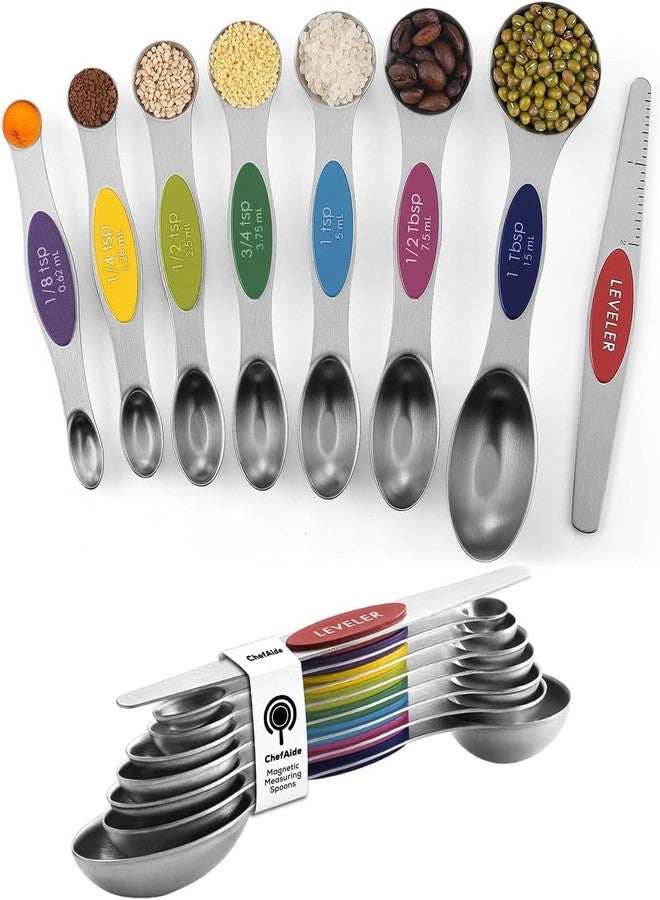 ChefAide Pack of 8 Stainless Steel Magnetic Measuring Spoons Set, Dual Sided, Stackable, Adjustable Teaspoon and Tablespoon Measure Spoon with Leveler, Kitchen Gadgets - Image 1