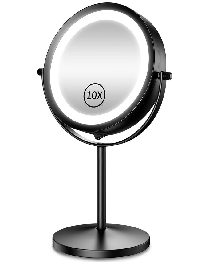 10X MAGNIFYING LIGHTED MAKEUP MIRROR 7 INCH DOUBLE SIDED 1X10X MAGNIFICATION WITH LIGHTS 360 ROTATION SWIVEL TRAVEL MAKE UP MIRROR WITH LIGHTING BATTERY OPERATED BLACK