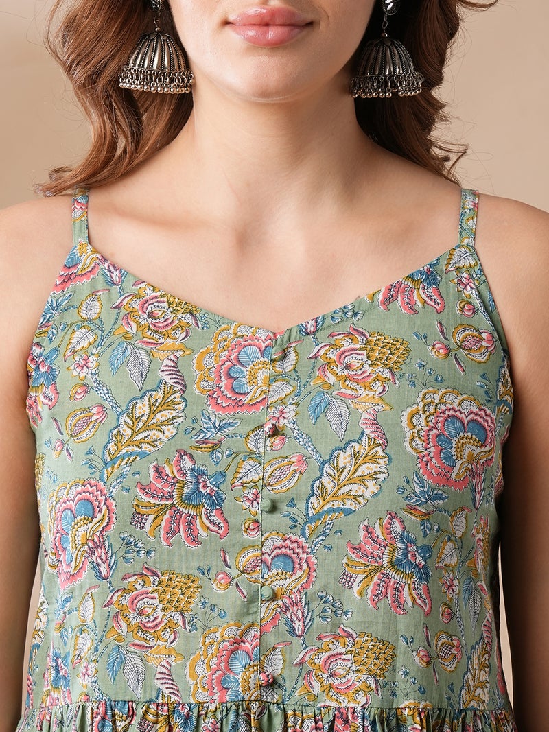 globus Globus Women Green & Blue Floral Printed Tiered Pure Cotton Kurta With Trousers  - Image 4