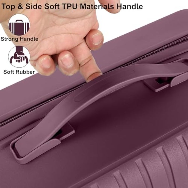 Unisex expandable hard case luggage for travel, lightweight PP material, purple color, features 4 double spinner wheels and secure zippers - Image 5