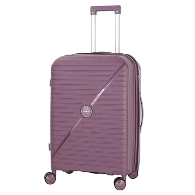 Unisex expandable hard case luggage for travel, lightweight PP material, purple color, features 4 double spinner wheels and secure zippers - Image 1