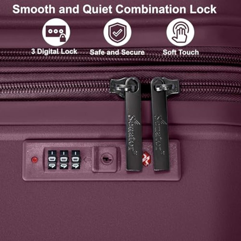 Unisex expandable hard case luggage for travel, lightweight PP material, purple color, features 4 double spinner wheels and secure zippers - Image 3
