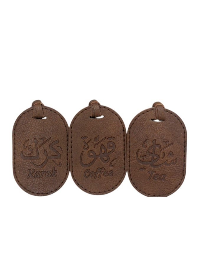 Bayti H.H. Selsela Leather Hanging Tags – Elegant Dallah Name Labels for Tea, Karak & Coffee Set B (Brown set of 3)