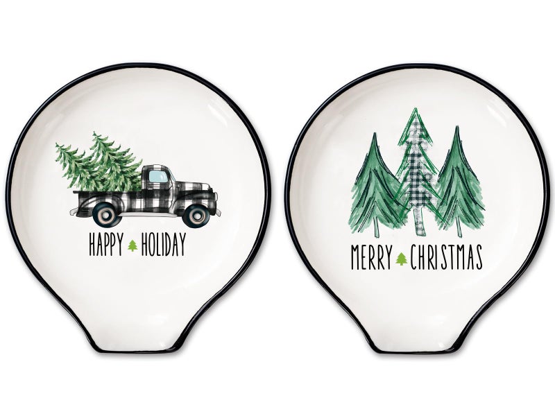 Whaline 2Pcs Christmas Spoon Rest Watercolor Plaid Xmas Tree Truck Ceramic Spoon Holder Xmas Holiday Sauce Dishes Ring Dish for Kitchen Home Office Decor