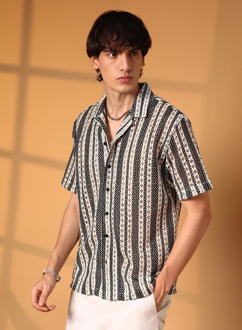 Campus Sutra Men's Cream White & Midnight Black Multitrack Knit Oversized Shirt  - Image 3