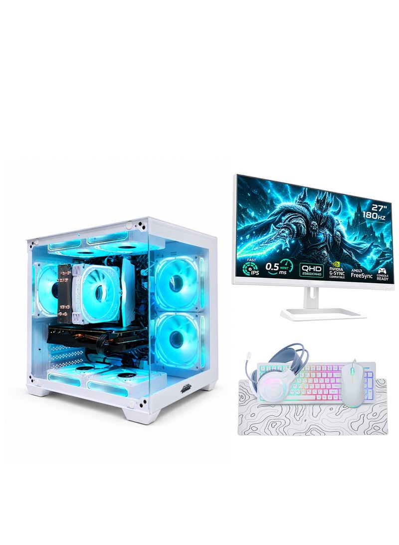 عرب جيمرز حزمة كمبيوتر ألعاب متكاملة Intel Core i5-14400F NVIDIA RTX 5060 8GB 16GB RAM 1TB NVMe SSD شاشة 27 بوصة FHD لوحة مفاتيح ماوس سماعة رأس واي فاي ويندوز 11 برو أبيض - Image 1