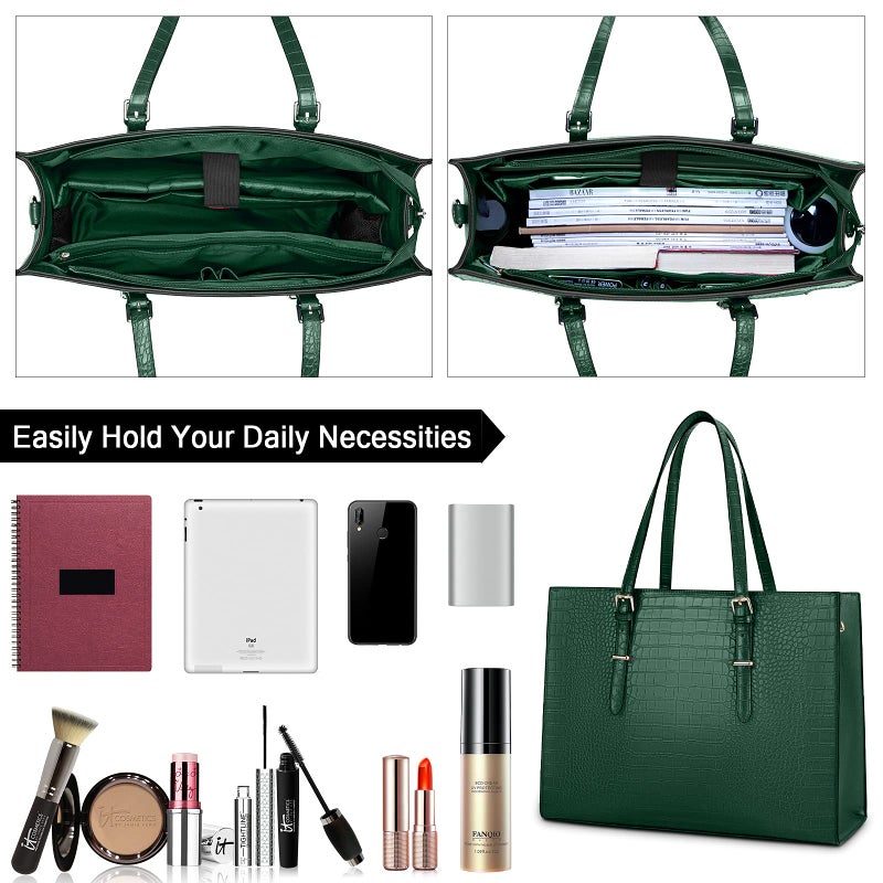 Lubardy Laptop Bag for Women 15.6 Inch Laptop Tote Bag Leather Classy Computer Briefcase for Work Waterproof Handbag Professional Shoulder Bag Women Business Office Bag Large Capacity Green  - Image 2