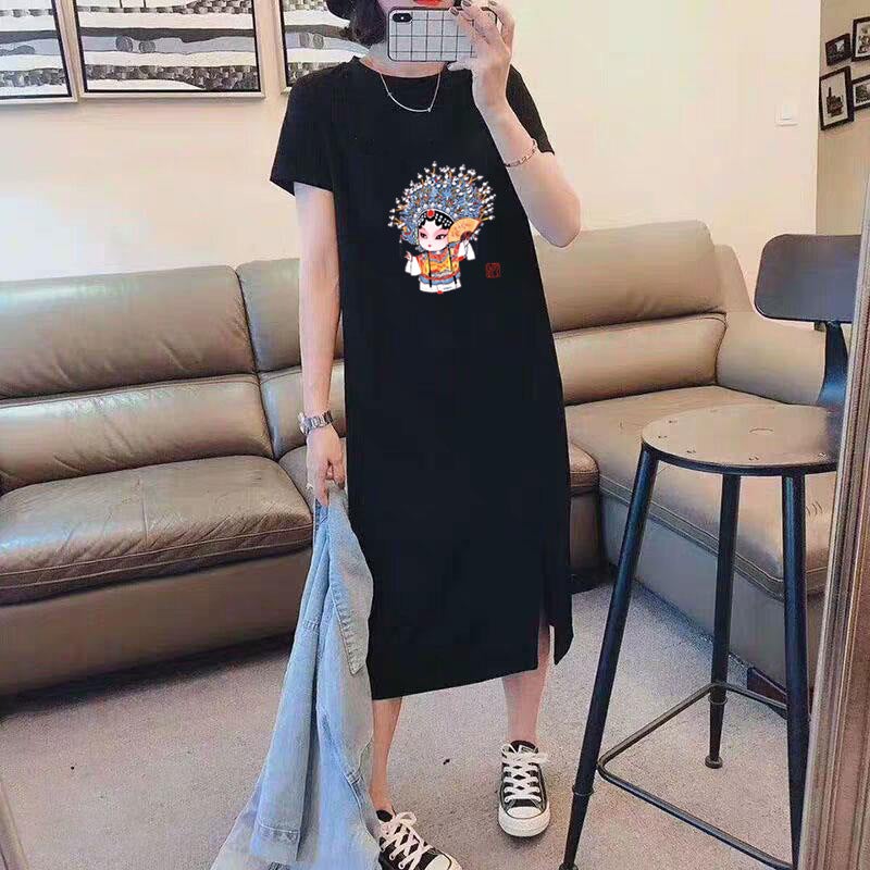 Korean casual summer new simple dress 2021 pullover loose printed dress womens shirt a generation of hair 2307 Black 2307 Black