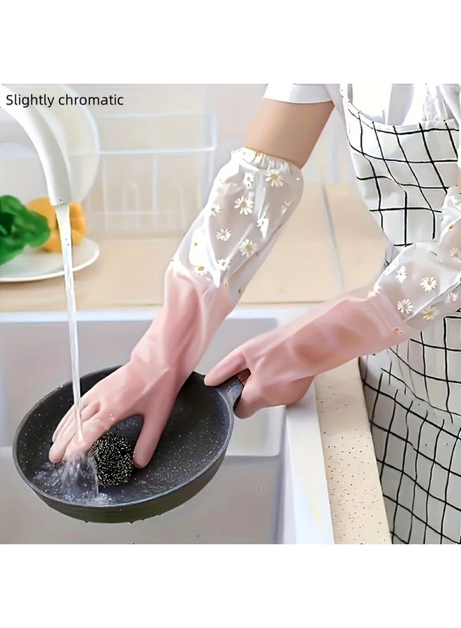 Pink Floral Design Long Sleeve PVC Cleaning Gloves Waterproof Non Slip Durable Kitchen Household - Image 1