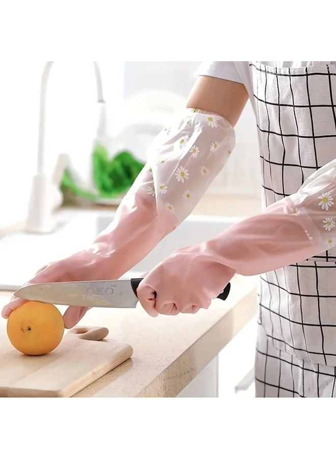 Pink Floral Design Long Sleeve PVC Cleaning Gloves Waterproof Non Slip Durable Kitchen Household - Image 2