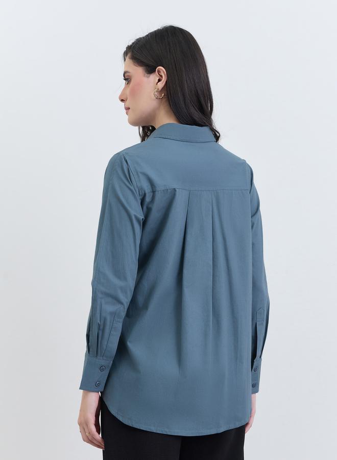 Styli Women Blue Cotton Long Sleeve Tie-Waist Shirt - Image 5