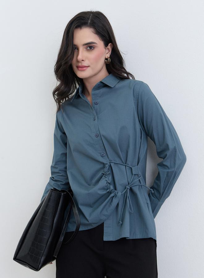 Styli Women Blue Cotton Long Sleeve Tie-Waist Shirt - Image 1