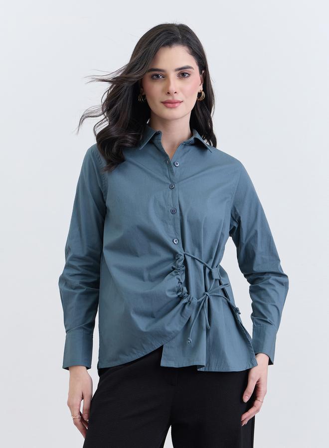 Styli Women Blue Cotton Long Sleeve Tie-Waist Shirt - Image 3