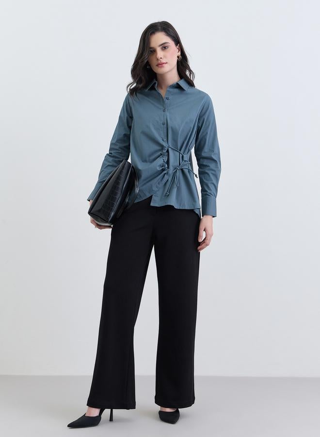 Styli Women Blue Cotton Long Sleeve Tie-Waist Shirt - Image 2