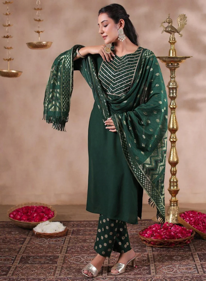 ISHIN Women's Bottle Green Rayon Embellished Regular Fit Kurta Set