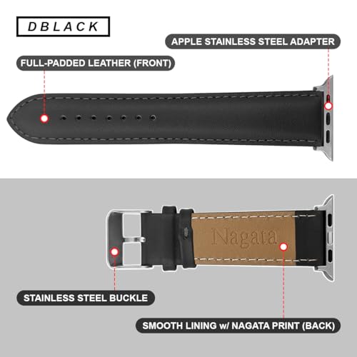 DBLACK ‘’NAGATA2’’ Compatible with Apple Watch Strap 42mm 44mm 45mm 46mm 49mm, Leather Watch Strap, Full Padded with Strong stitching, Matte Finish Watch Belt for iWatch Series 10 9 8 7 6 5 4 3 2 1 SE/SE2 and Ultra 2/Ultra (Watch is Not Included) (Black, 42mm 44mm 45mm 49mm / Silver) - Image 4