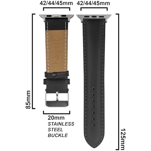 DBLACK ‘’NAGATA2’’ Compatible with Apple Watch Strap 42mm 44mm 45mm 46mm 49mm, Leather Watch Strap, Full Padded with Strong stitching, Matte Finish Watch Belt for iWatch Series 10 9 8 7 6 5 4 3 2 1 SE/SE2 and Ultra 2/Ultra (Watch is Not Included) (Black, 42mm 44mm 45mm 49mm / Silver) - Image 2