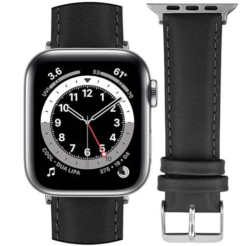 DBLACK ‘’NAGATA2’’ Compatible with Apple Watch Strap 42mm 44mm 45mm 46mm 49mm, Leather Watch Strap, Full Padded with Strong stitching, Matte Finish Watch Belt for iWatch Series 10 9 8 7 6 5 4 3 2 1 SE/SE2 and Ultra 2/Ultra (Watch is Not Included) (Black, 42mm 44mm 45mm 49mm / Silver) - Image 1
