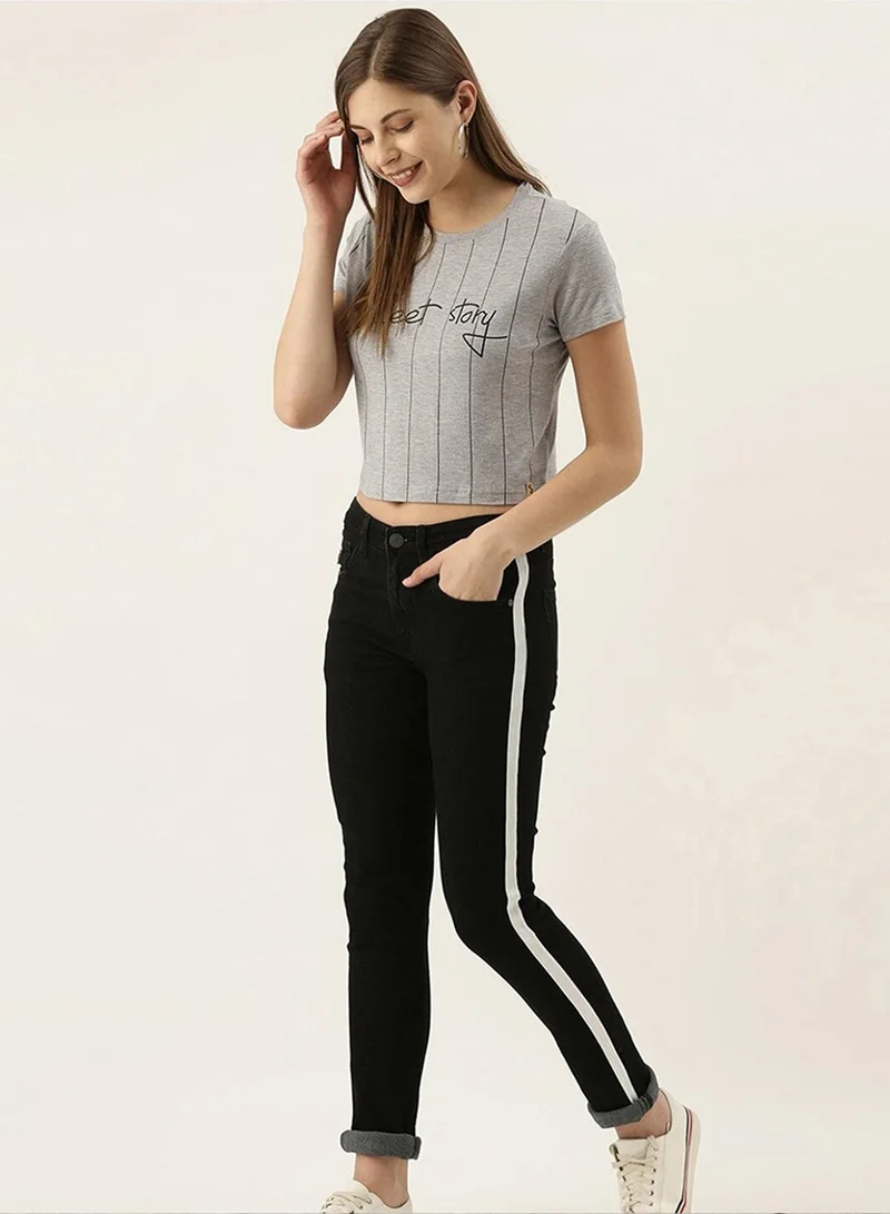 Campus Sutra Campus Sutra Women's Light Grey Sweet Story Pinstriped Top For Casual Wear | Crew Neck | Short Sleeve | Pull On Closure | Cotton Top Crafted With Comfort Fit For Everyday Wear