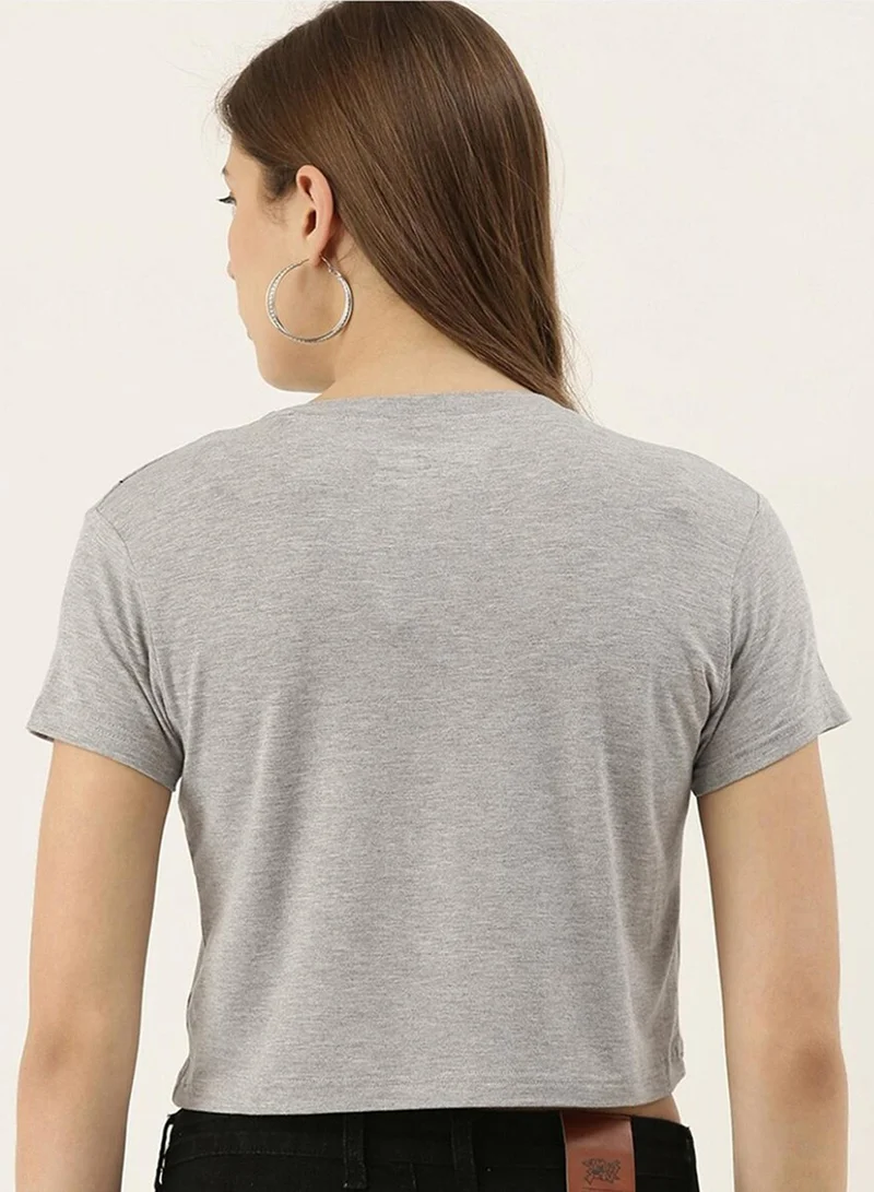 Campus Sutra Campus Sutra Women's Light Grey Sweet Story Pinstriped Top For Casual Wear | Crew Neck | Short Sleeve | Pull On Closure | Cotton Top Crafted With Comfort Fit For Everyday Wear