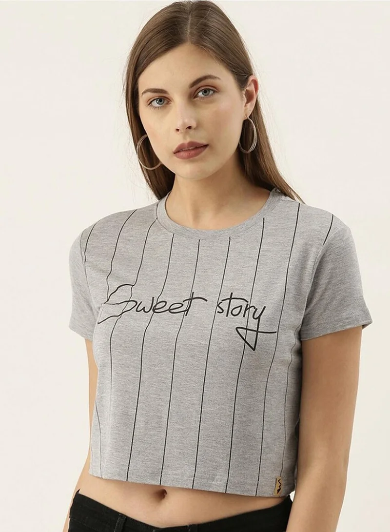 كامبوس سوترا Campus Sutra Women's Light Grey Sweet Story Pinstriped Top For Casual Wear | Crew Neck | Short Sleeve | Pull On Closure | Cotton Top Crafted With Comfort Fit For Everyday Wear
