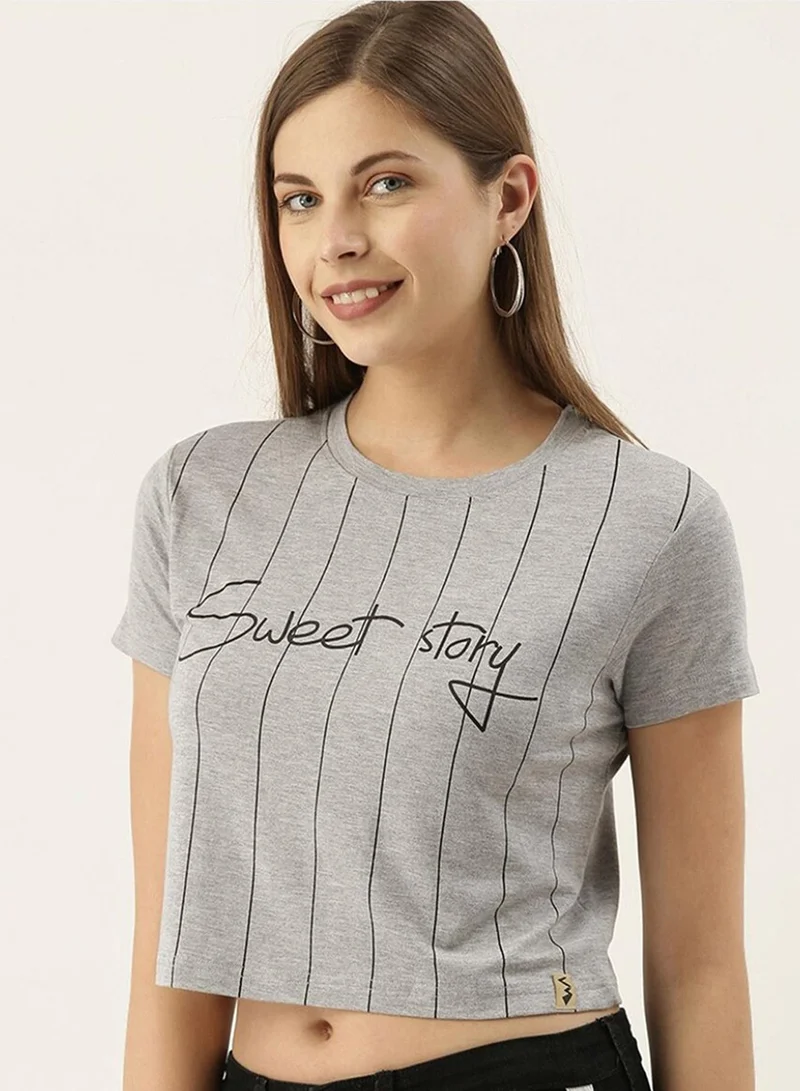 كامبوس سوترا Campus Sutra Women's Light Grey Sweet Story Pinstriped Top For Casual Wear | Crew Neck | Short Sleeve | Pull On Closure | Cotton Top Crafted With Comfort Fit For Everyday Wear