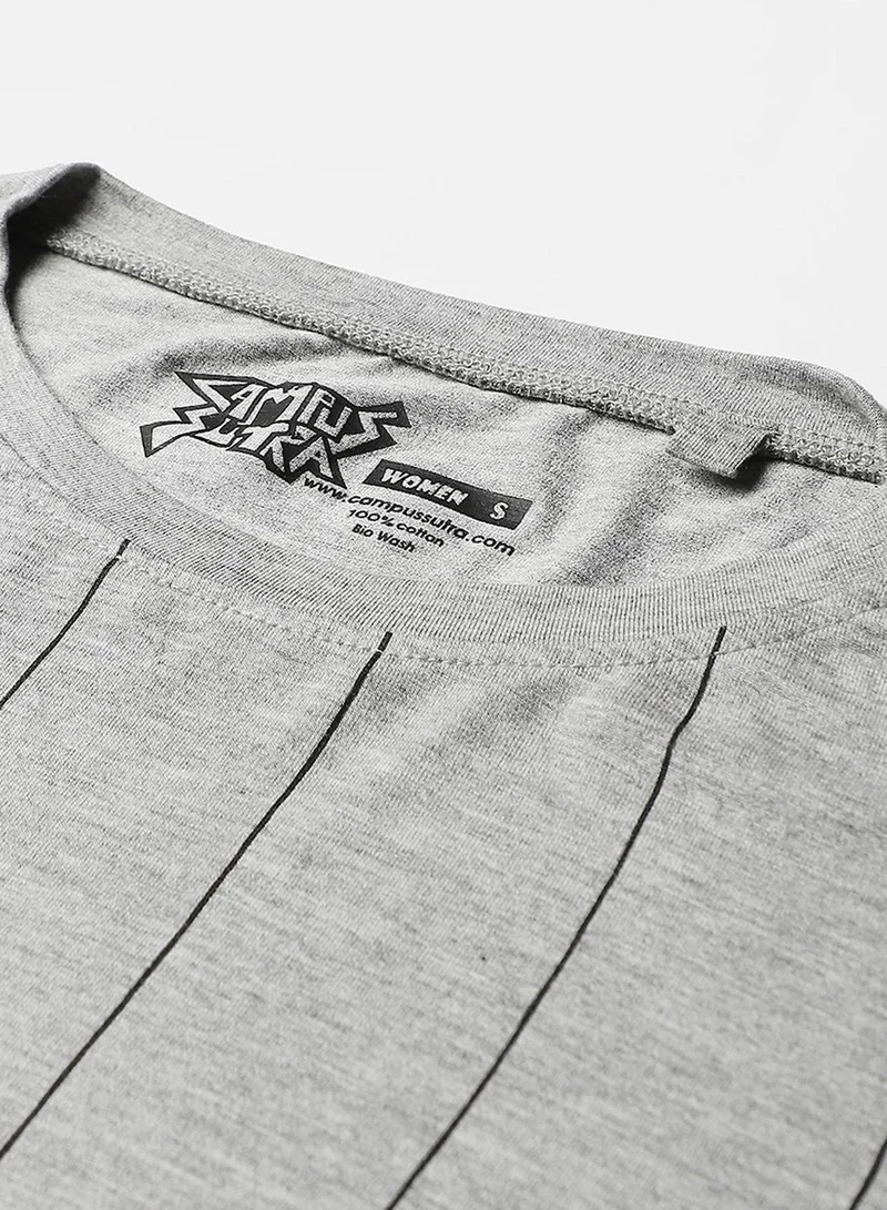 Campus Sutra Campus Sutra Women's Light Grey Sweet Story Pinstriped Top For Casual Wear | Crew Neck | Short Sleeve | Pull On Closure | Cotton Top Crafted With Comfort Fit For Everyday Wear