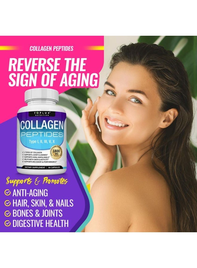 توب لوكس حبوب ببتيدات الكولاجين المتعددة 1800 ملغ - مركب من النوع الأول والثاني والثالث والخامس والعاشر، مركب كولاجين فاخر لتحسين البشرة والشعر، ودعم المفاصل القوية، بروتين مهدرج، للرجال والنساء، 90 كبسولة، مكمل غذائي - Image 2