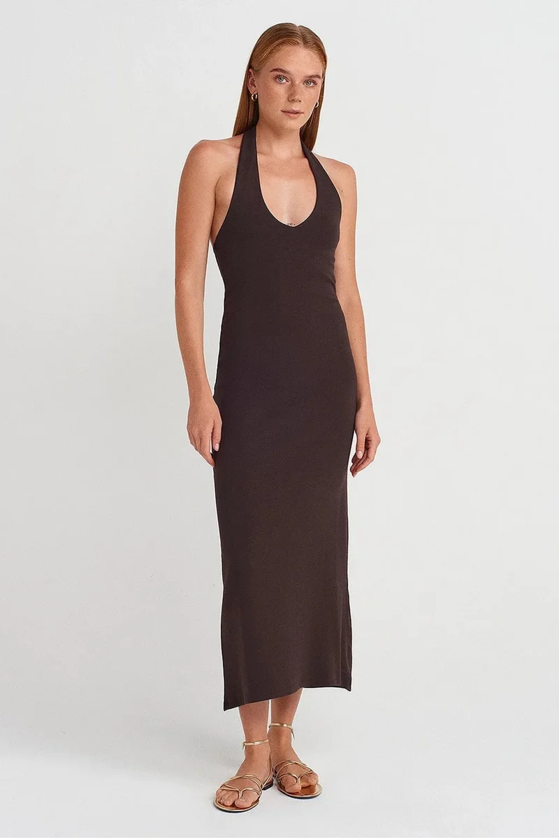 DILVIN Women's Halter Neck Bodycon Midi Dress