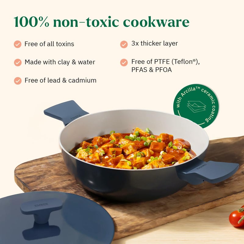 Ember Cookware طقم أواني الطهي السيراميكية غير اللاصقة من إمبر 5 قطع | معتمد من ISI | يشمل مقلاة، كاداي مع غطاء، ملعقتين خشبيتين وممحاة تنظيف لطيفة | متوافق مع الحث | خالي من PFAS و PTFE - أخضر - Image 4