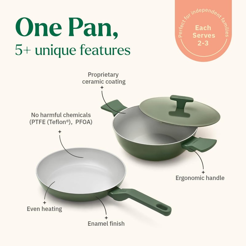 Ember Cookware طقم أواني الطهي السيراميكية غير اللاصقة من إمبر 5 قطع | معتمد من ISI | يشمل مقلاة، كاداي مع غطاء، ملعقتين خشبيتين وممحاة تنظيف لطيفة | متوافق مع الحث | خالي من PFAS و PTFE - أخضر - Image 2