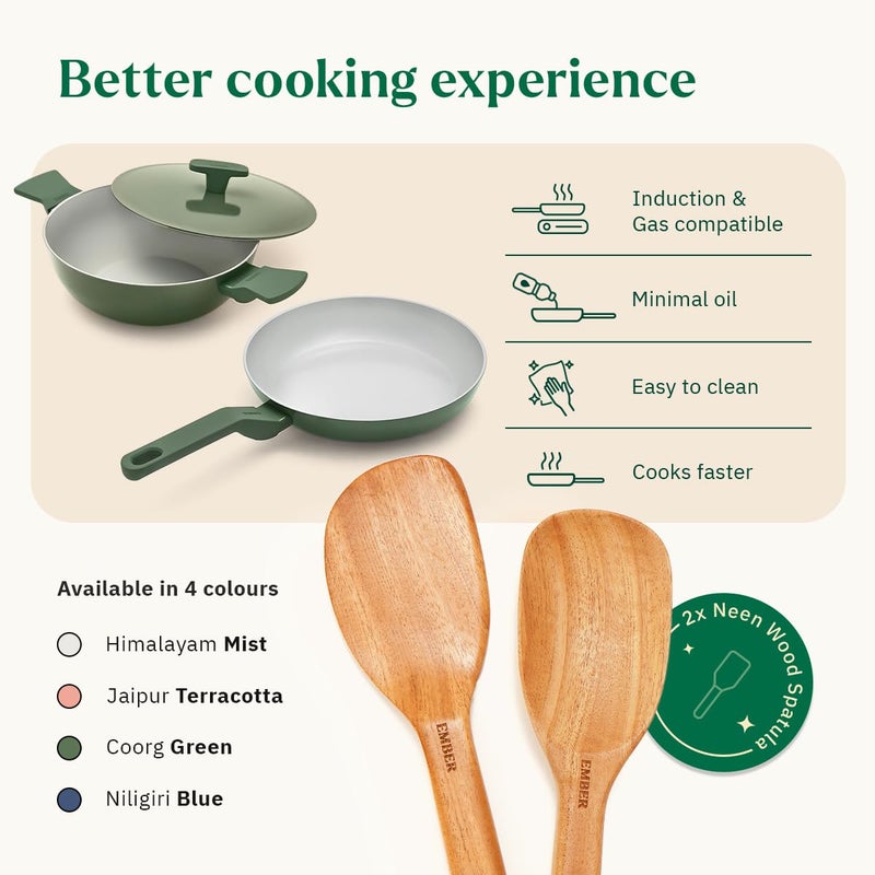Ember Cookware طقم أواني الطهي السيراميكية غير اللاصقة من إمبر 5 قطع | معتمد من ISI | يشمل مقلاة، كاداي مع غطاء، ملعقتين خشبيتين وممحاة تنظيف لطيفة | متوافق مع الحث | خالي من PFAS و PTFE - أخضر - Image 3