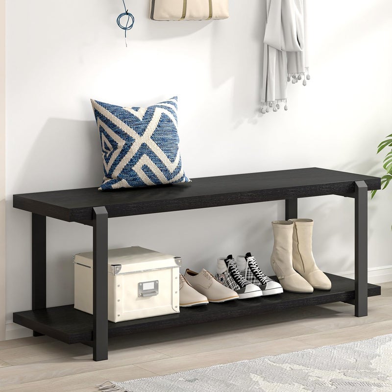 EXCEFUR Industrial Entryway Bench with Storage Rustic Wood and Metal Shoe Rack Bench Seat 47 Inch Grey