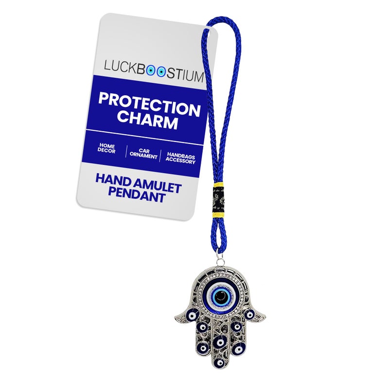 LUCKBOOSTIUM Hamsa Hand Amulet Pendant with Blue White  Black Crystal Rhinestones  Evil Eye  Car Hanging Ornament Rearview Mirror Accessories Evil Eye Protection Bag Charm Silver