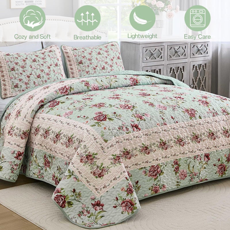 Xruibed Floral Quilt Set King Size, 3PCs Antique Rose Green Bedspread Coverlet Set, Lightweight Soft Microfiber Green Quilt Set with 2 Pillowcases for All Season (King Size 110"x90") - Image 2