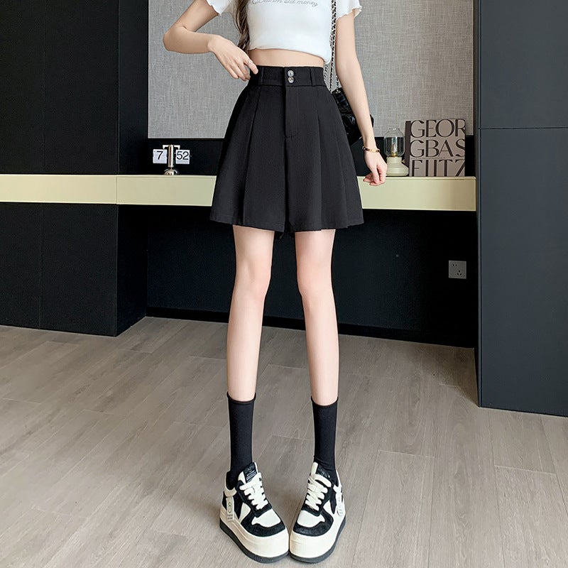 khaki Suit Shorts Womens Summer Pleated Bust Skirt 2024 New Arrival Stylist A- Line Wide-Leg Pants Skirt Black