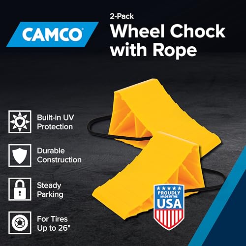 Camco Camper & RV Wheel Chock with Rope - Keeps Trailer in-Place to Safely Unhitch or Park - Compatible with Wheels Up to 26” in Diameter & Molded of Heavy-Duty Hard Plastic - 2-Pack - 44471 - Image 2