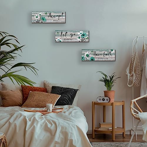 ZINYAZHE 3 Pcs Farmhouse Bathroom Wall Decor Teal Daisy Floral Flowers and Turquoise Butterfly Bathroom Wall Art Accept Let Go Have Faith Positive Rustic Wood Plaque for Home Laundry (Teal,12 x 4Inch) - Image 5