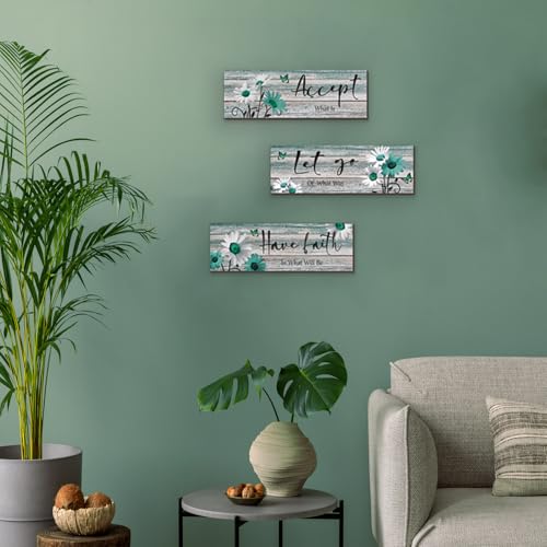 ZINYAZHE 3 Pcs Farmhouse Bathroom Wall Decor Teal Daisy Floral Flowers and Turquoise Butterfly Bathroom Wall Art Accept Let Go Have Faith Positive Rustic Wood Plaque for Home Laundry (Teal,12 x 4Inch) - Image 2