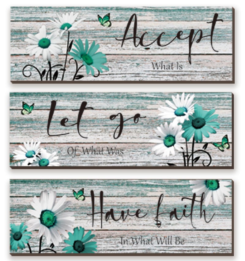 ZINYAZHE 3 Pcs Farmhouse Bathroom Wall Decor Teal Daisy Floral Flowers and Turquoise Butterfly Bathroom Wall Art Accept Let Go Have Faith Positive Rustic Wood Plaque for Home Laundry (Teal,12 x 4Inch) - Image 1