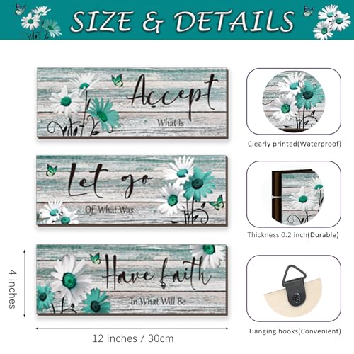 ZINYAZHE 3 Pcs Farmhouse Bathroom Wall Decor Teal Daisy Floral Flowers and Turquoise Butterfly Bathroom Wall Art Accept Let Go Have Faith Positive Rustic Wood Plaque for Home Laundry (Teal,12 x 4Inch) - Image 4