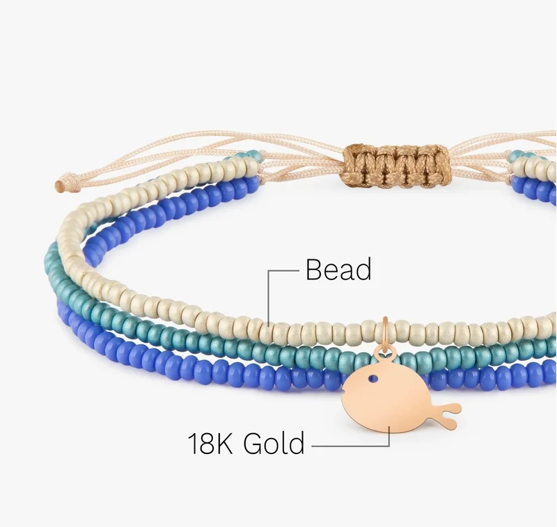Minza  Minza “Marine” Women’s Gold Bracelet, Pure 18K Gold Fish Charm (0.170 g), Czech Seed Beads, Handmade Adjustable Cord Bracelet, Jewelry for Casual & Special Occasion. for Women | Best Price UAE