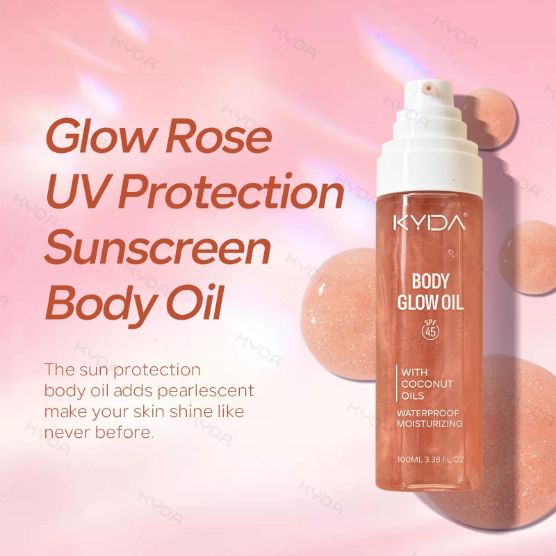 KYDA زيت الجسم KYDA للتألق، SPF 45 طيف واسع، زيت واقي للشمس مع ميكا ذهبية وردية، مرطب جوز الهند، مرطب متألق، خفيف الوزن، مقاوم للماء، 3.38 أونصة سائلة، وردي - Image 2