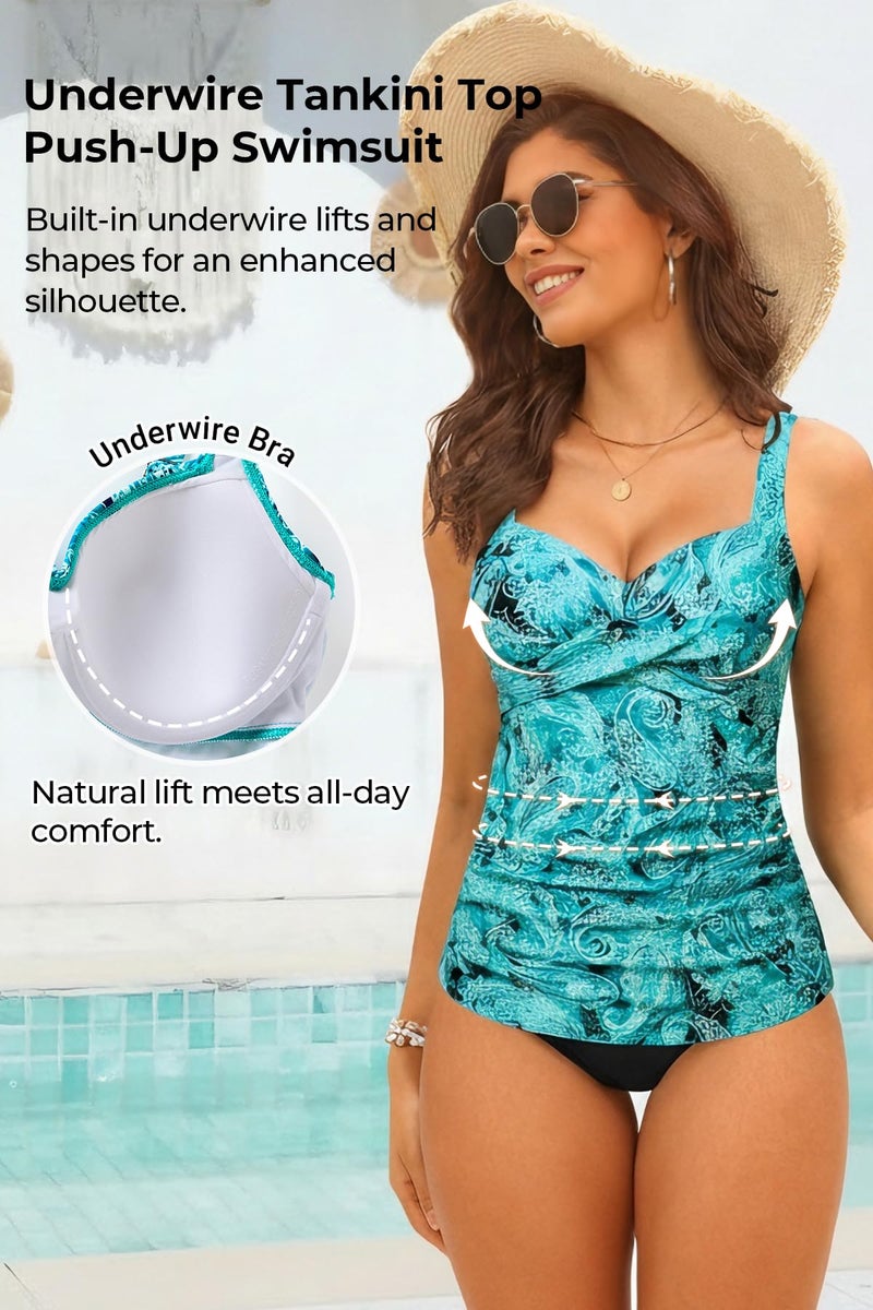 Talisea Women's Underwire Tankini Top Only - Tummy Control Bathing Suit Top No Bottom 2025 Green Paisley M - Image 4